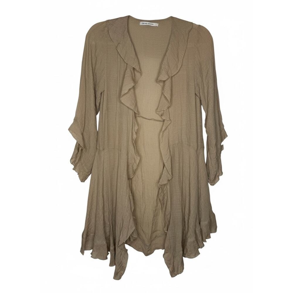 Origami Sz M/L Beige ruffled long-sleeved open-front lightweight cardigan | EUC